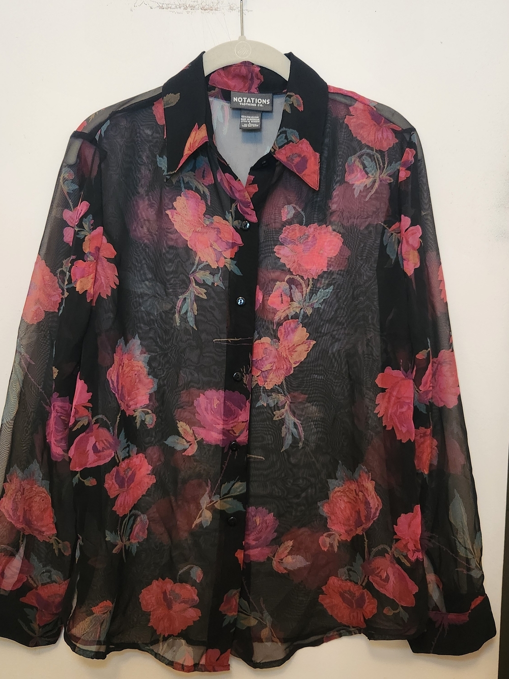 Notations Black Sheer Button-Down Shirt with Pink Floral Pattern